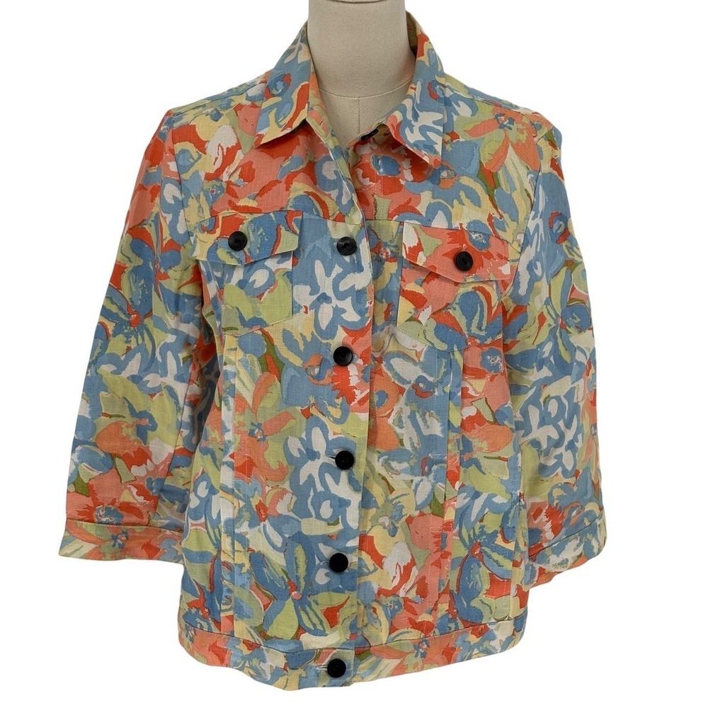 Weekend Choices‎ Jacket Floral Multi-Color 100% Linen Button Up M